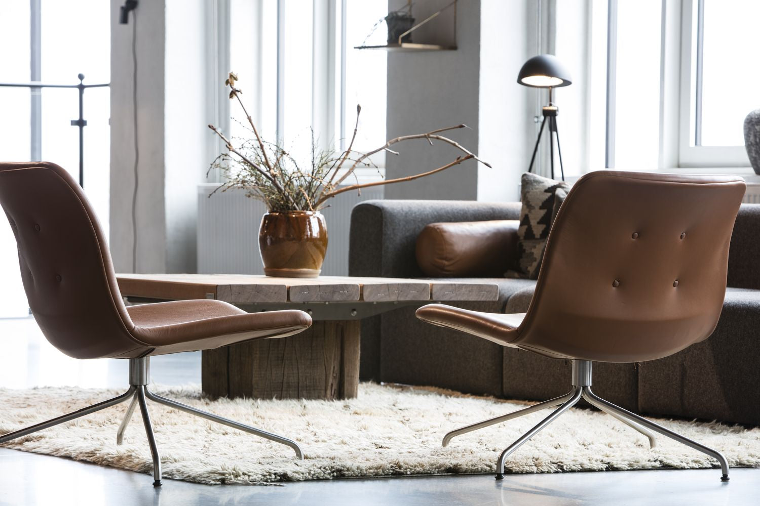 Bent Hansen Primum Lounge Chair Without Armrests, Stainless Steel Frames/Cognac Adrian Leather