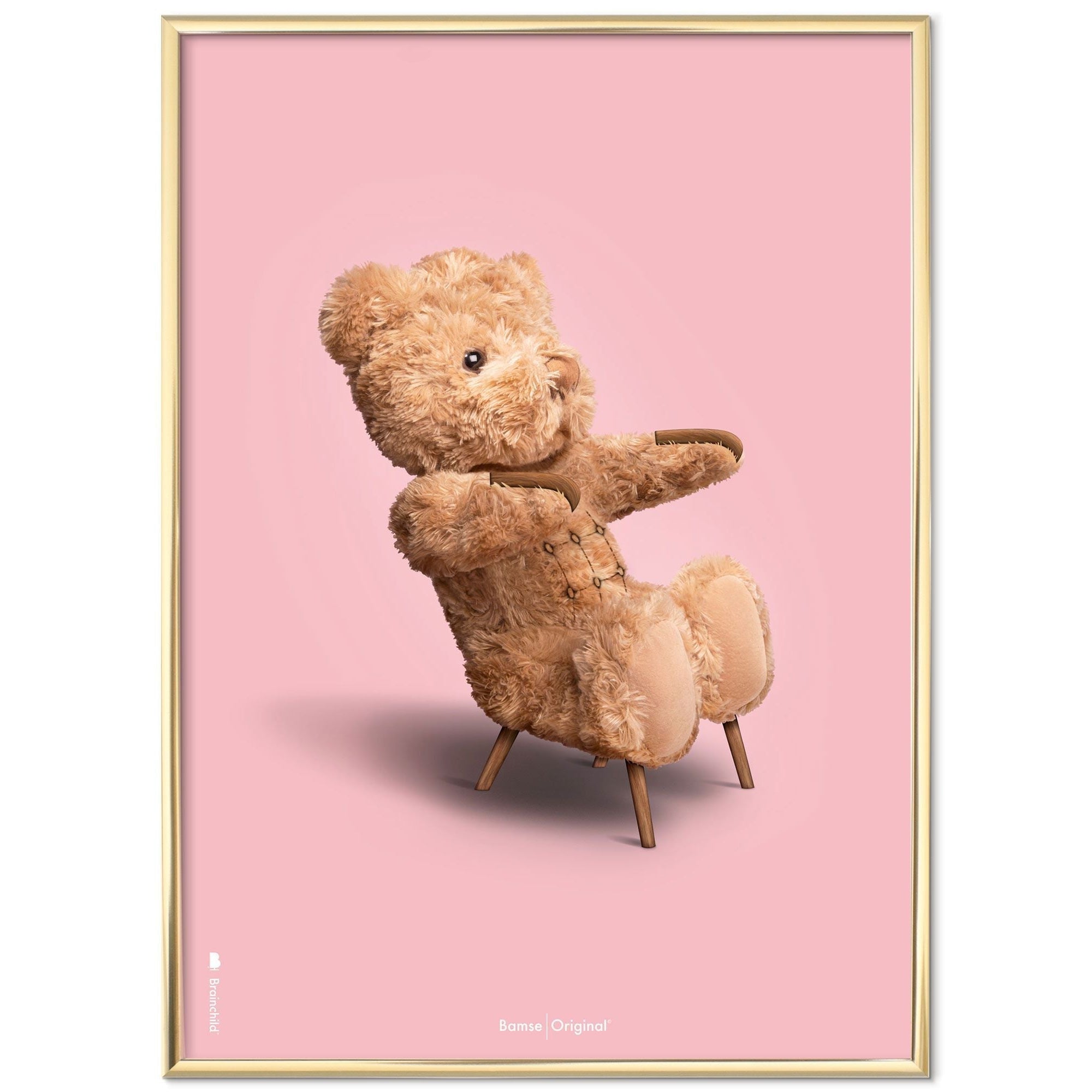 Brainchild Teddy Bear Classic Poster Brass Colored Frame 30x40 Cm, Pink Background