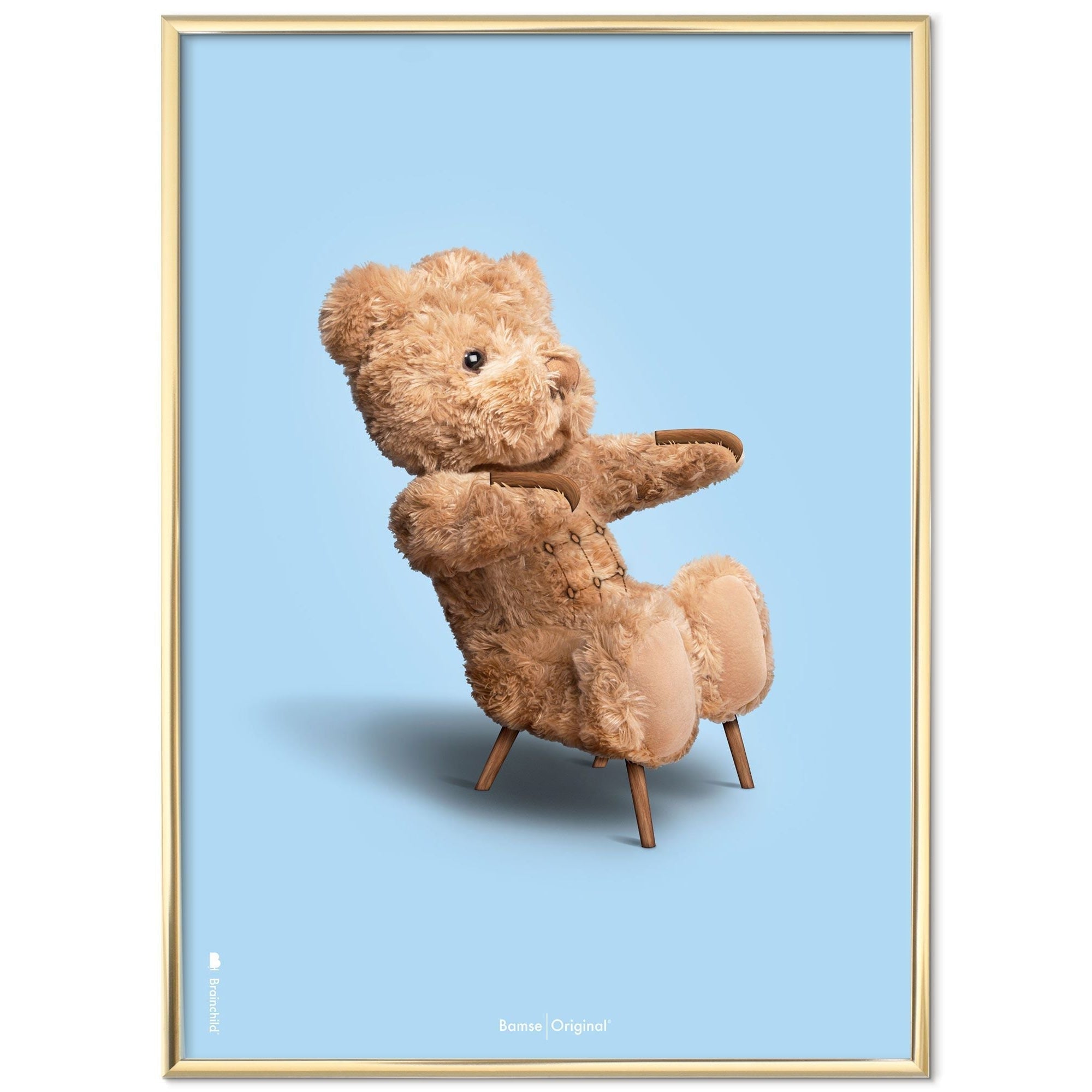 Brainchild Teddy Bear Classic Poster Brass Colored Frame 50x70 Cm, Light Blue Background