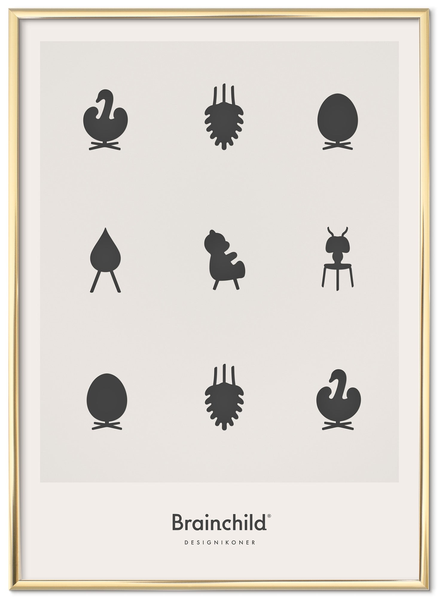 Brainchild Design Icons Poster Brass Frame 50x70 Cm, Light Grey