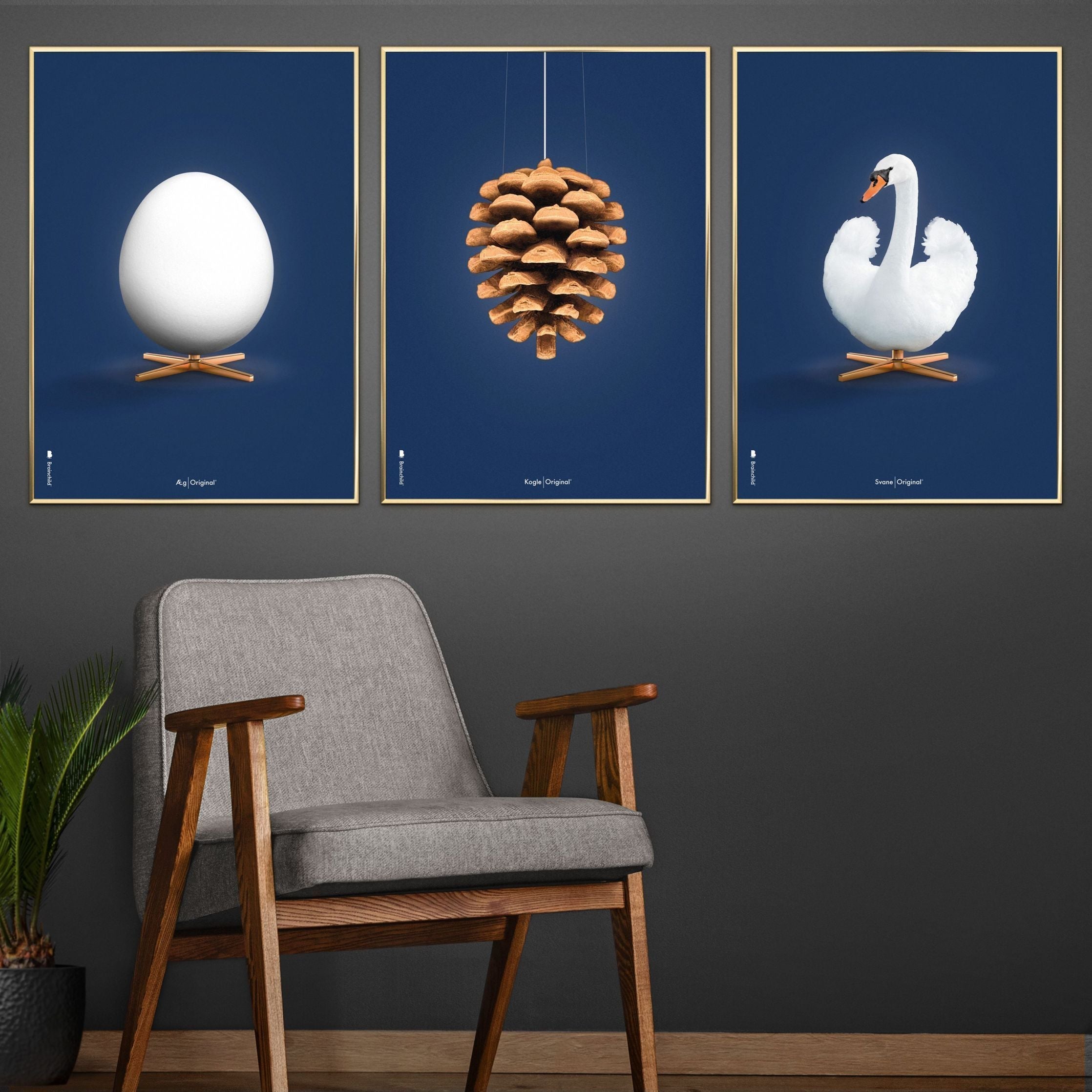 Brainchild Pine Cone Classic Poster, Frame Made Of Light Wood A5, Dark Blue Background