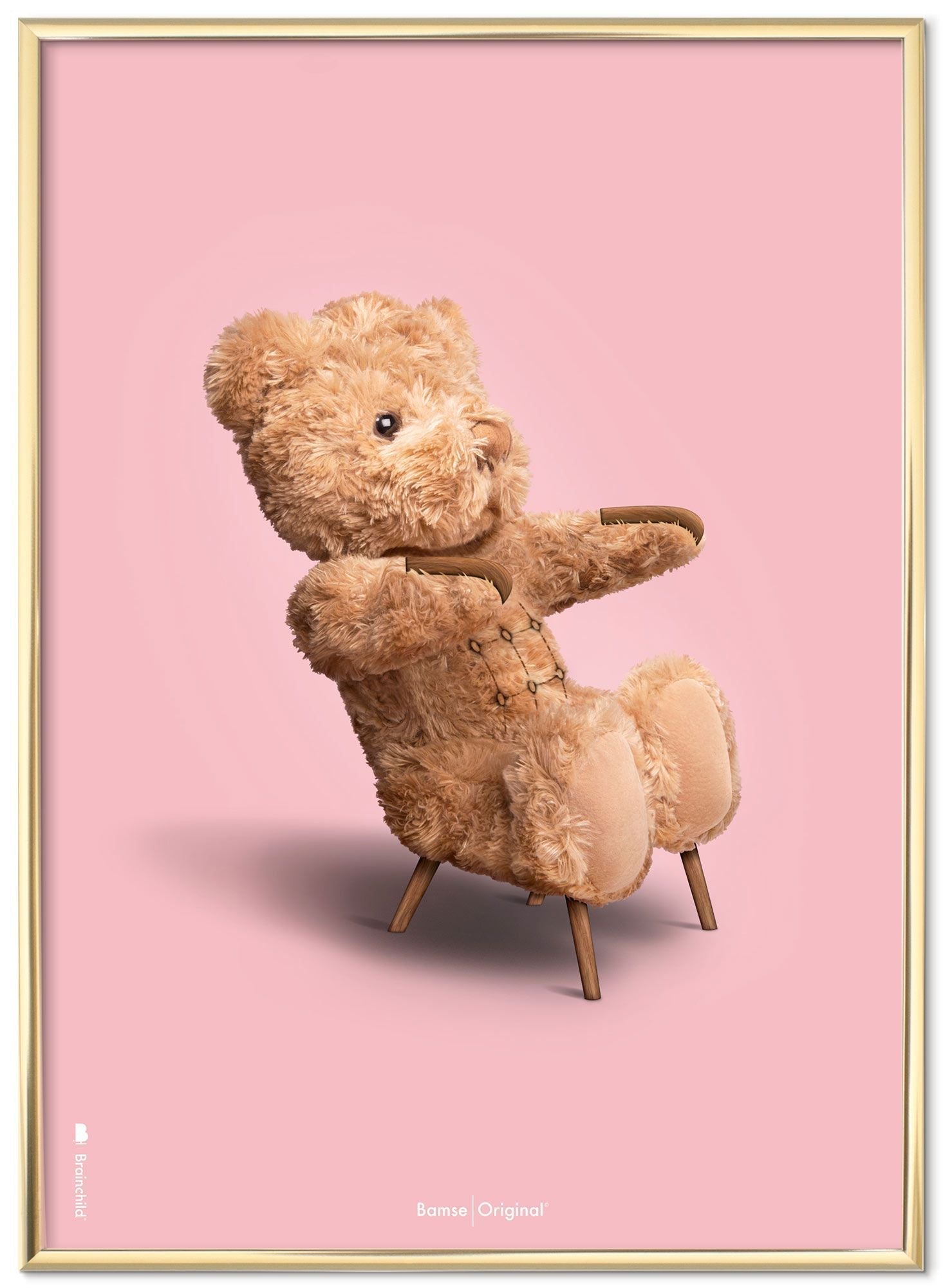 Brainchild Teddy Bear Classic Poster Brass Colored Frame A5, Pink Background