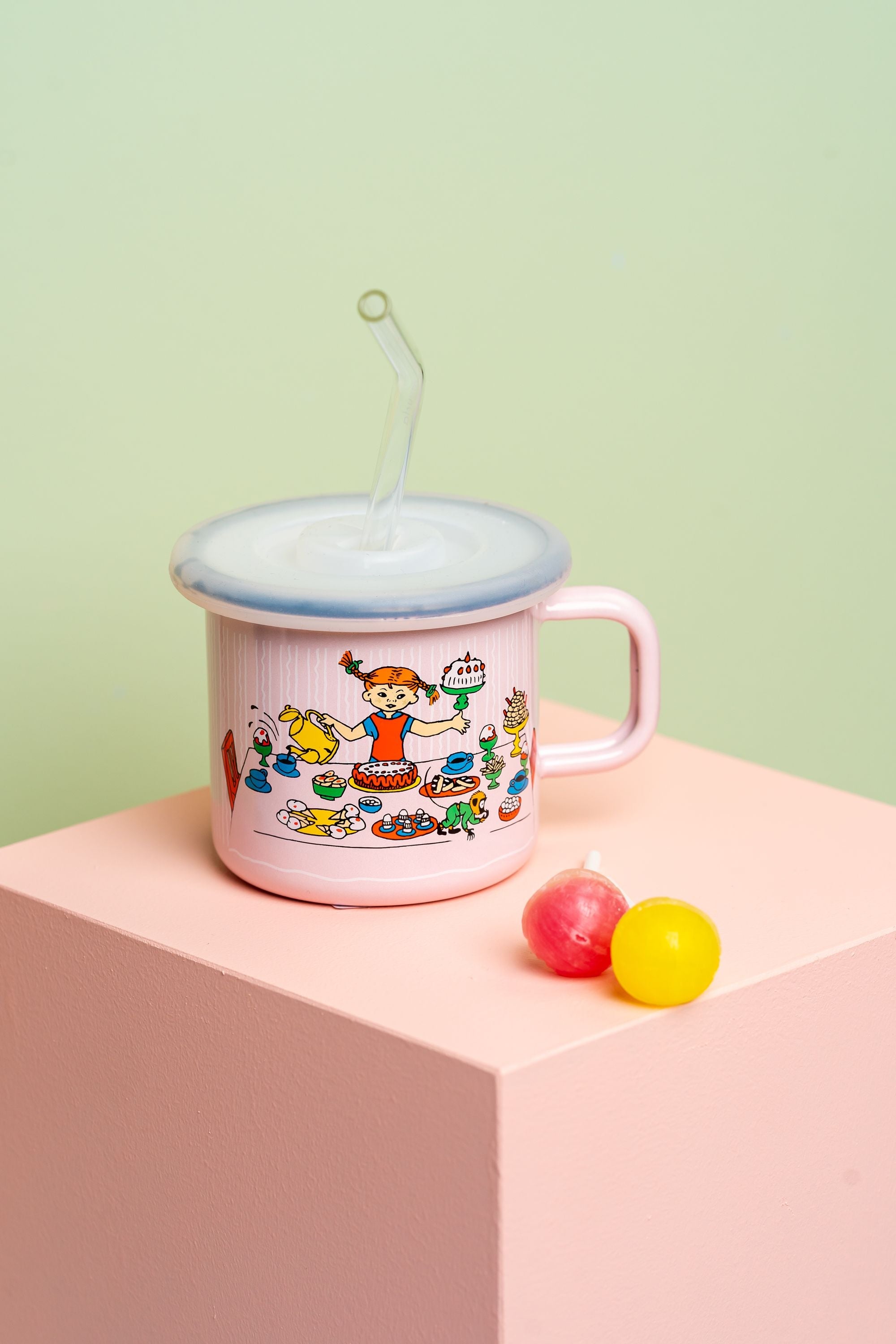 Muurla Pippi Longstocking Enamel Mug, Pippi And The Horse, Pink