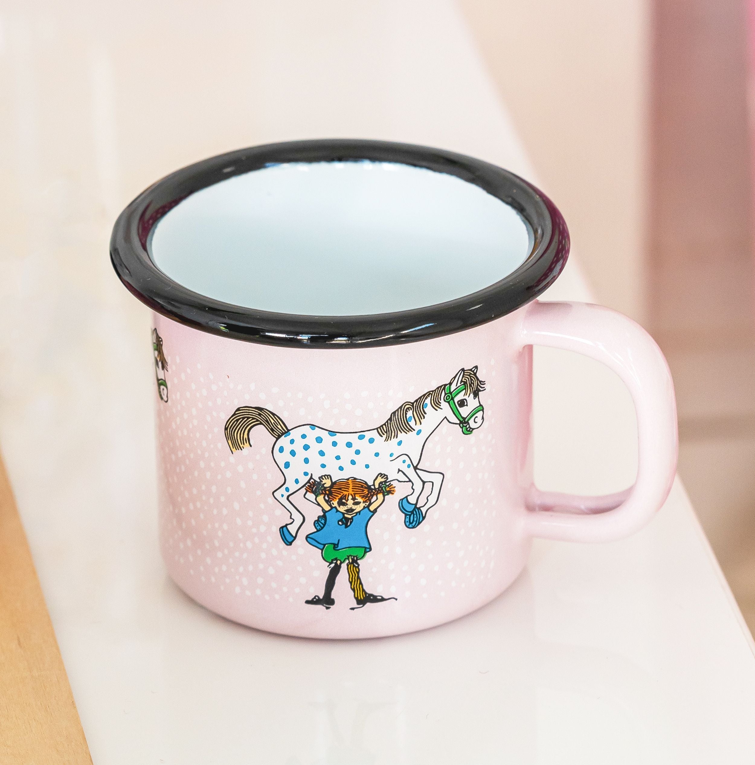 Muurla Pippi Longstocking Enamel Mug, Pippi And The Horse, Pink