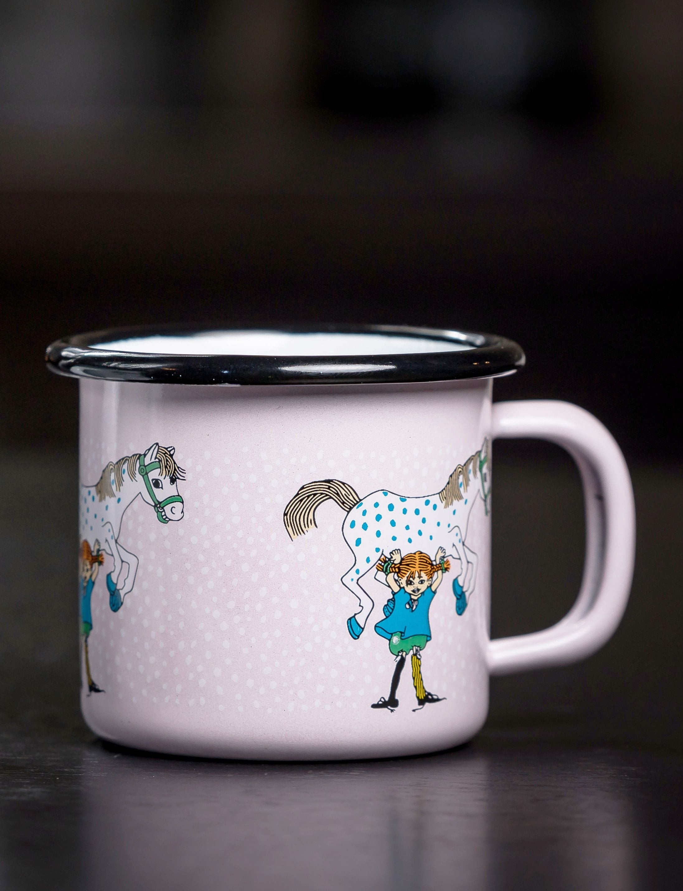 Muurla Pippi Longstocking Enamel Mug, Pippi And The Horse, Pink