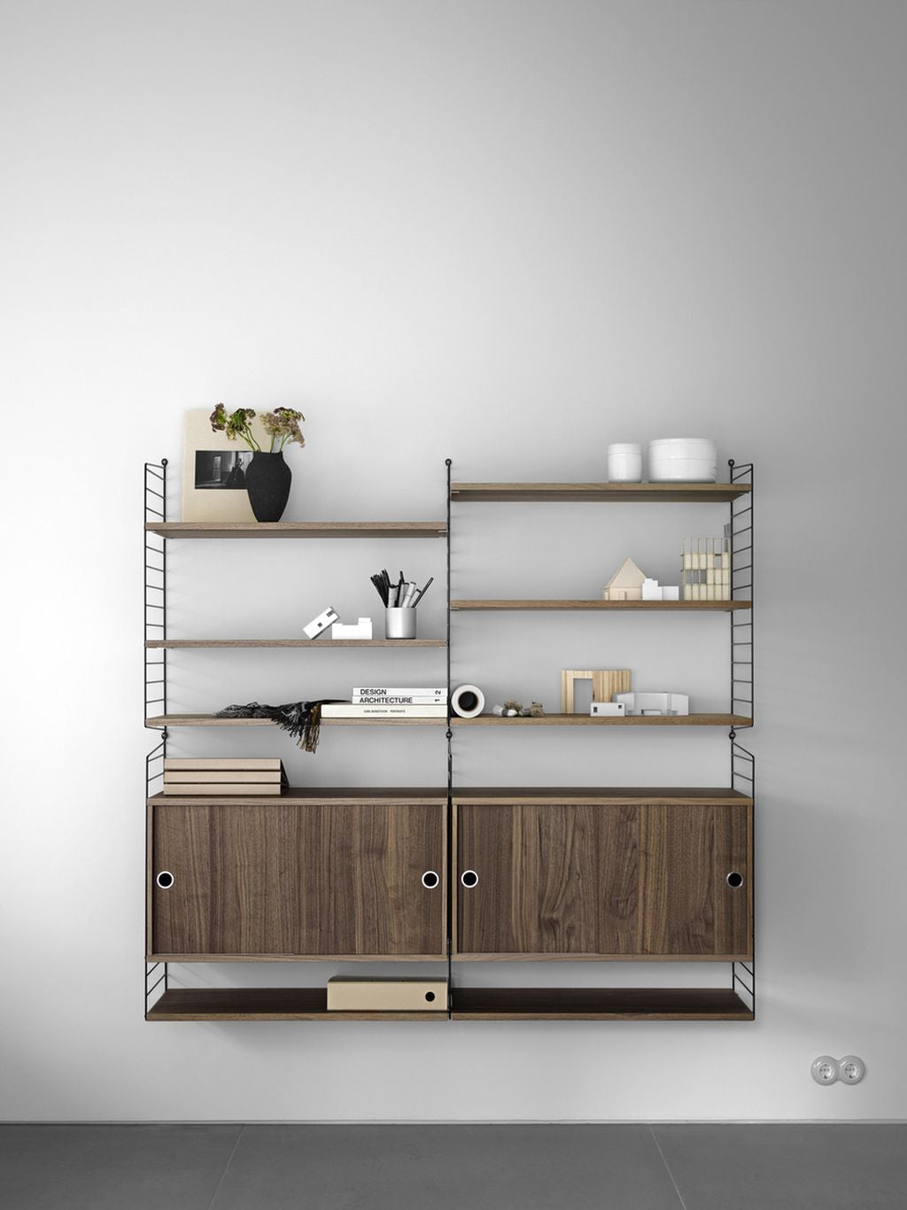 String Furniture String System Cabinet Element With Sliding Doors Walnut, 30x78x42 Cm