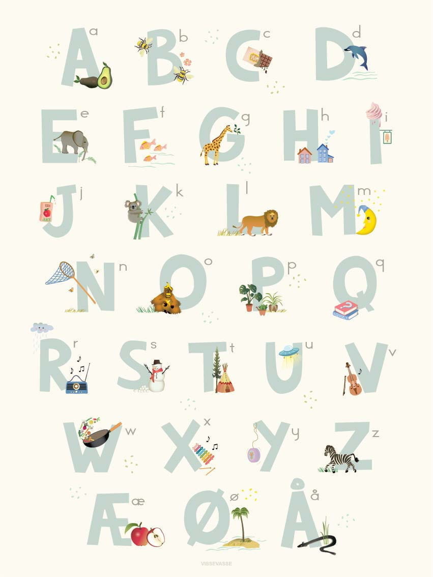 Vissevasse Danish Alphabet Blue Poster, 30x40 Cm