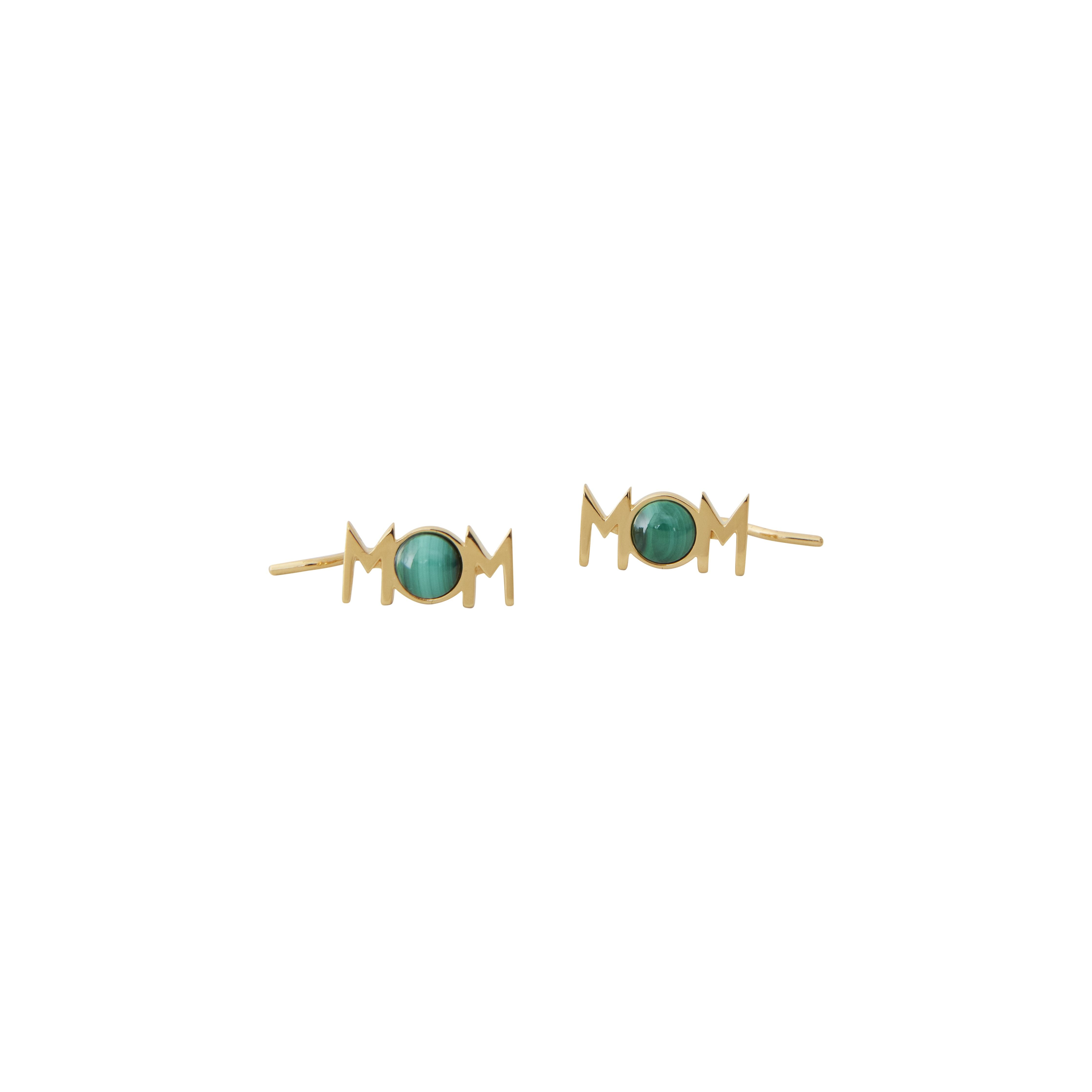 Design Letters Great Mom Earrings Set Of 2 18k Gold Plated, Malachite Green